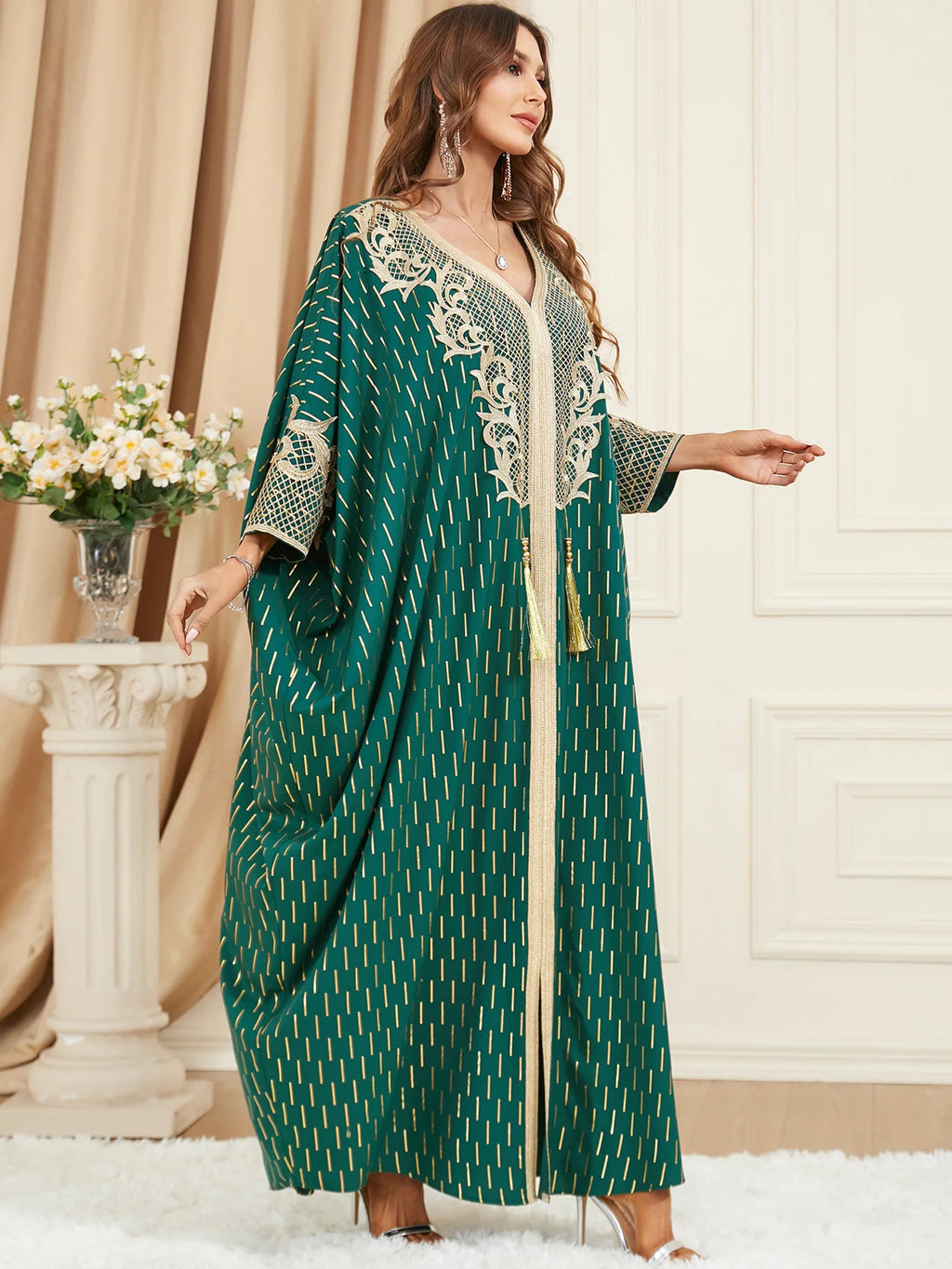 Muslim Dresses Women Elegant Long Robe Middle East Dubai Loose Abaya Bat Sleeve V-neck Tassel Evening Dress Femme Party Vestidos — image 13
