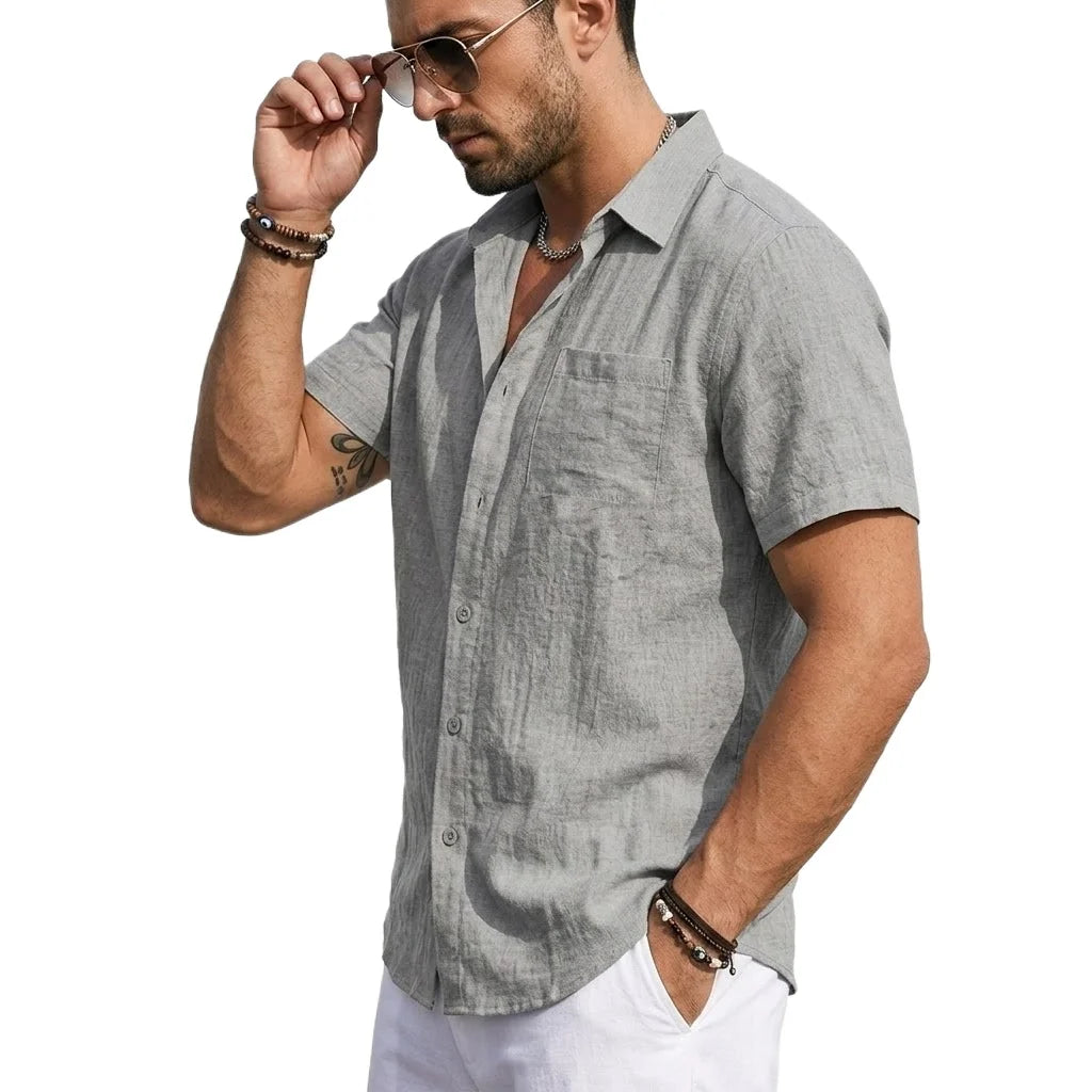 Men's Linen Shirts Short Sleeve Casual Shirts Button Down Shirt for Men Summer Beach Wedding Shirt Solid Color Hawaiian Shirt — image 9
