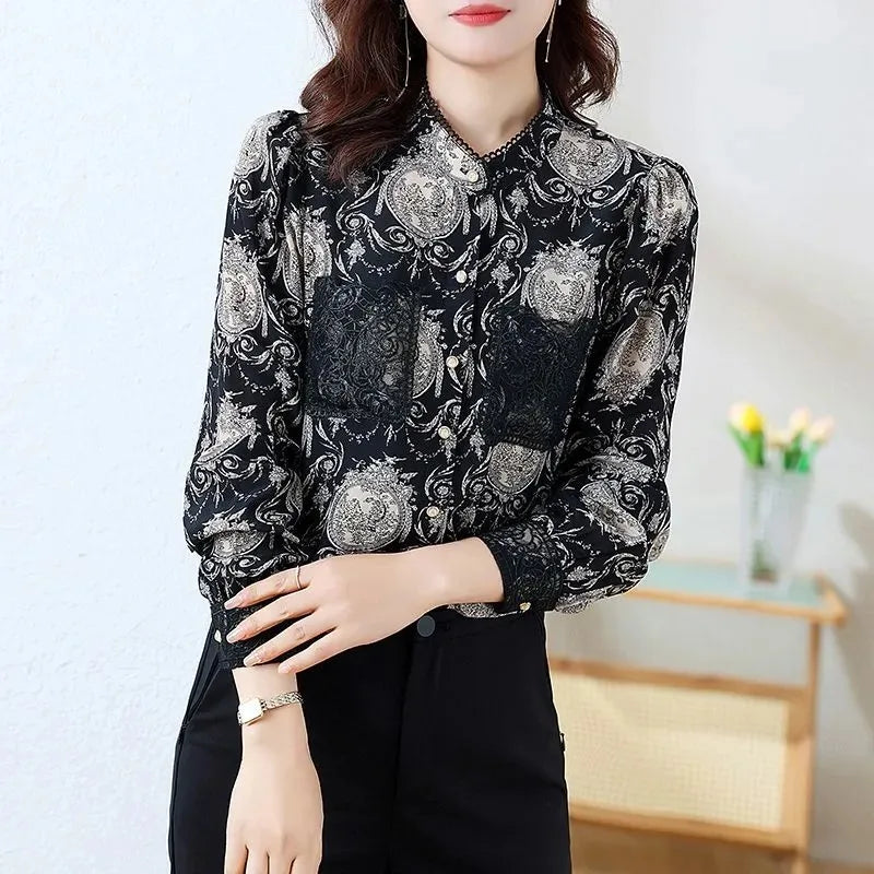 Shirts for Women in Spring Autumn New Style Printed Satin Stylish Slim Fashion Commuting Simple — image 1