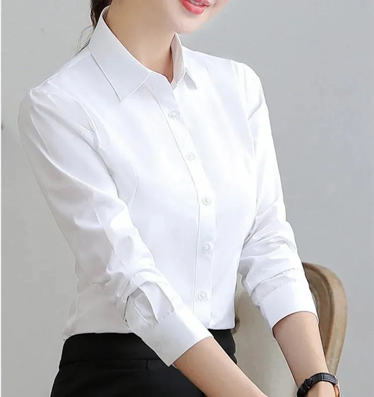 Elegant Women Shirts Woman White Shirt Long Sleeve Blouse Office Lady business Pink Shirts Button Solid Women work Blouses Tops — image 8