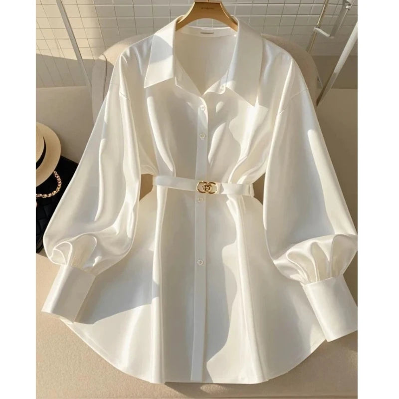 Women Clothing White Temperament Loose Shirt Tops Spring Autumn New Polo Neck Long Sleeve Solid Elegant Blouse Fashion Vintage — image 3