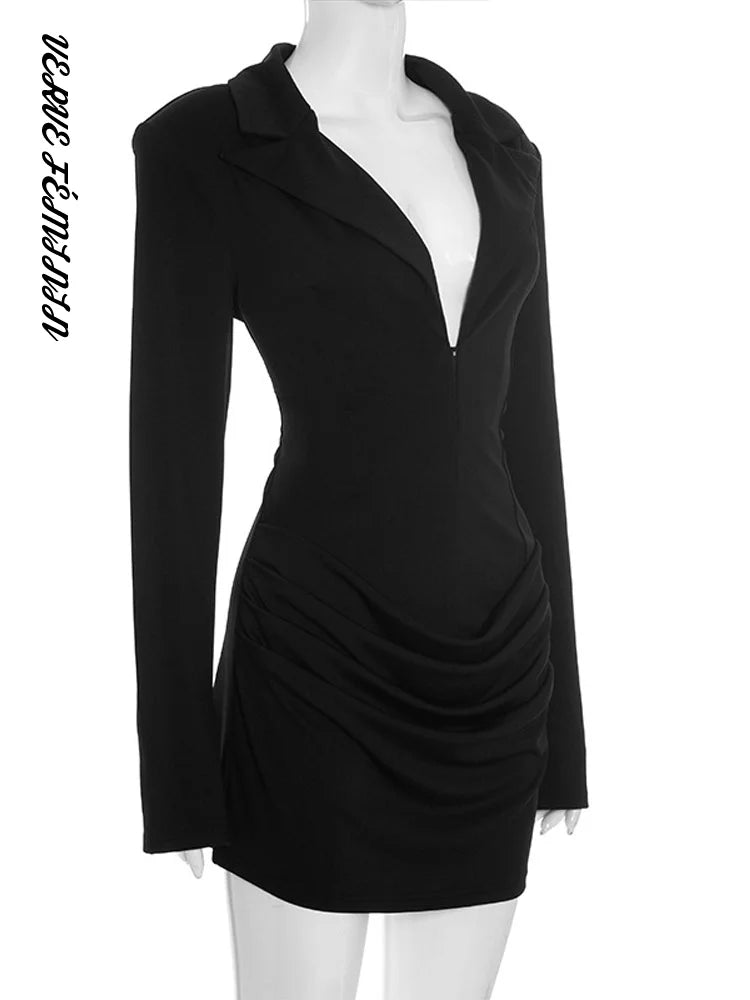 Women's Evening Dresses Deep V-neck Short Pleat Bodycon Dress Autumn 2025 Female Lapel Long Sleeves Waist Cinching New Partywear — image 1