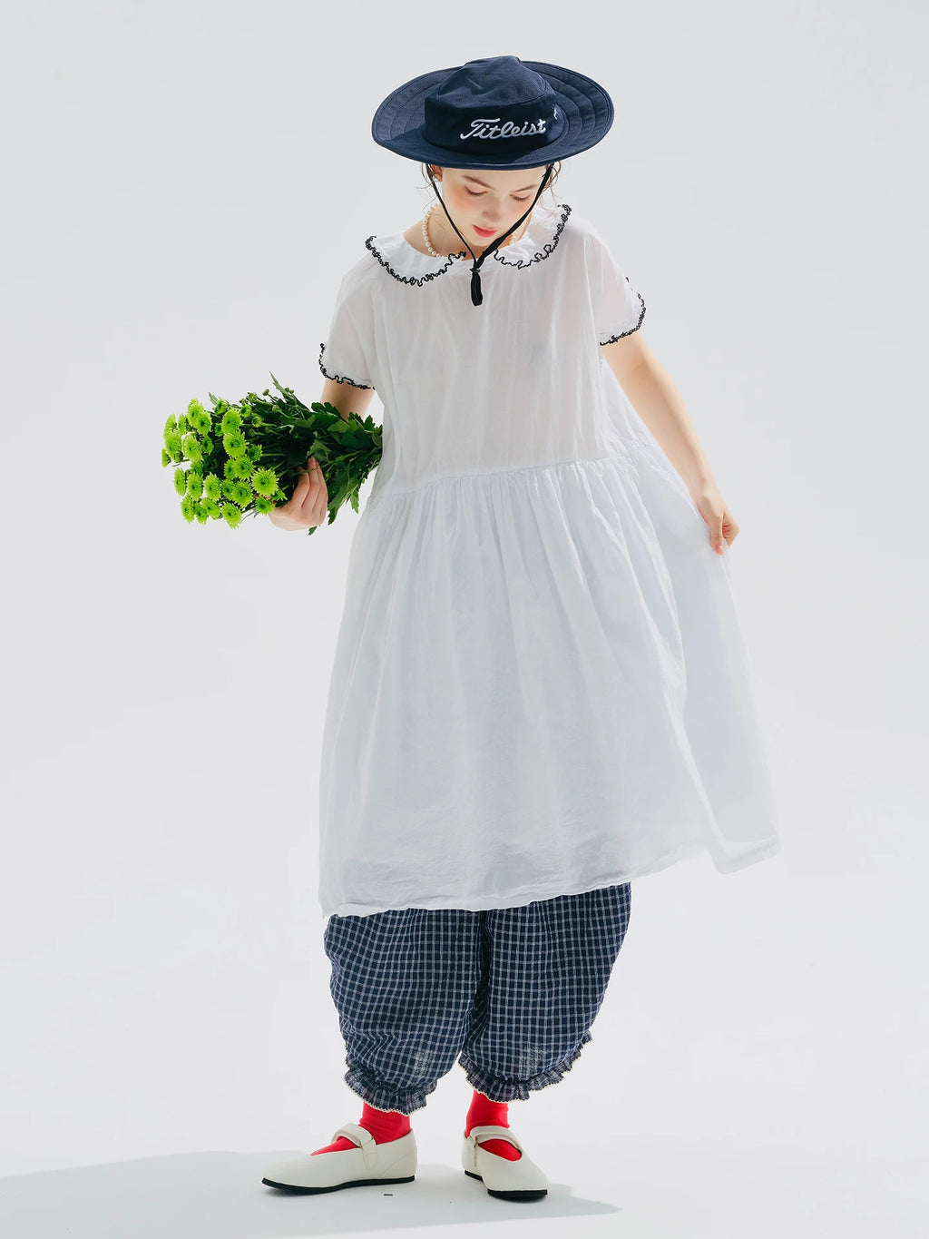 Female clothing women's dresses for woman White Peter‑Pan Collar  Ruffle Trim Loose‑Fit Flowy A‑Line Casual Midi Ladies Dress — image 1