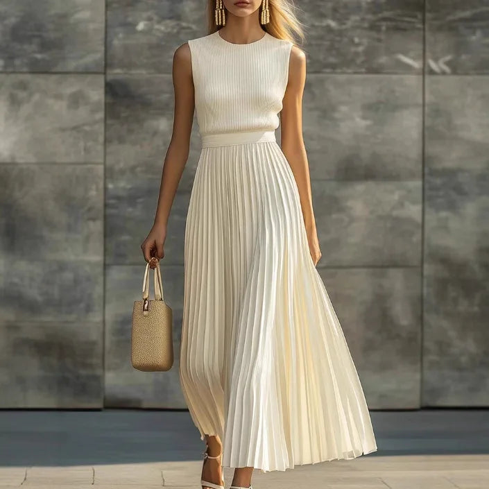 Women Dresses 2026 elegant casual comfortable cream-colored chiffon sleeveless pleated long dress women's clothing vestidoes — image 1
