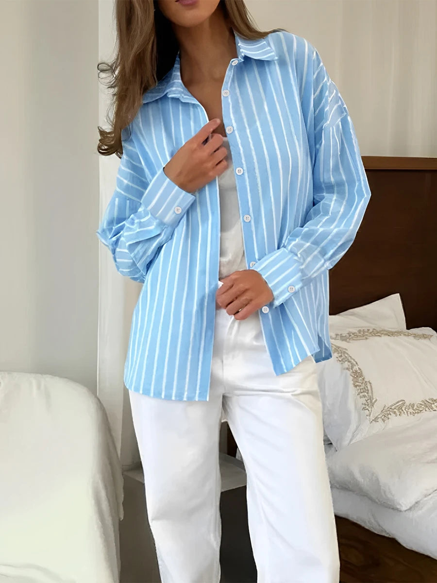Women Striped Shirts Long Sleeve Casual Loose Button Up Blouses Turn Down Collar Tops Spring Autumn Office Lady Clothes Blusas — image 3