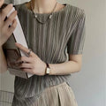 Woman Clothing  Top Women Miyake Pleated Short-sleeved Female Summer Thin Elastic Round Neck Joker Slim Pleated Hollow T-shirt — image 1