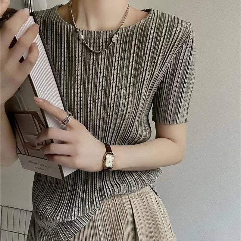 Woman Clothing  Top Women Miyake Pleated Short-sleeved Female Summer Thin Elastic Round Neck Joker Slim Pleated Hollow T-shirt — image 1