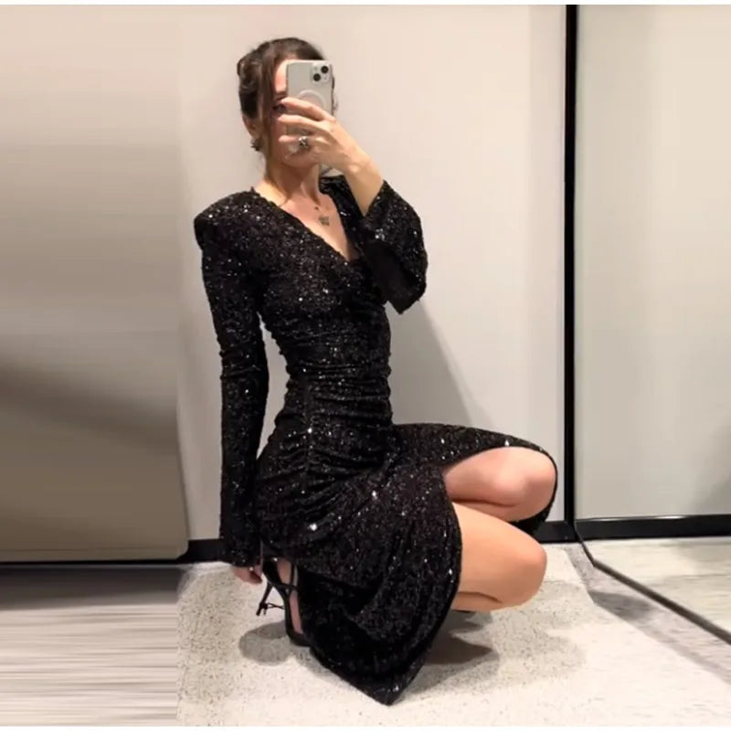Women's Party Dress Sexy Deep V-neck Sequins Split Full Sleeve Hip Package Dressess Female 2025 Autumn Woman Evening Vestidos — image 14