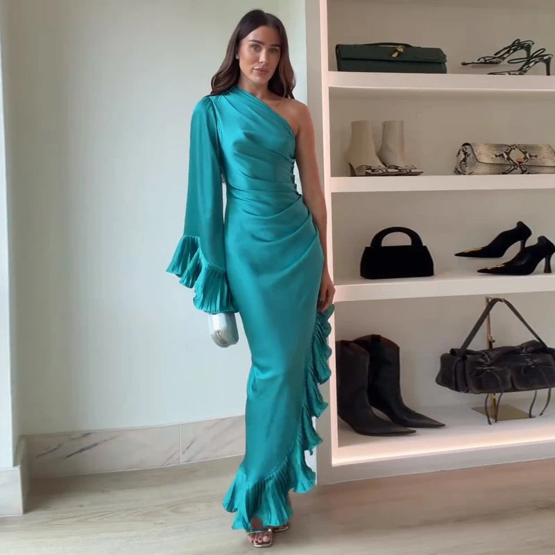 Women's Dresses Elegant Party Dress Satin One-Shoulder Ruffled Midi Dress Sexy Elegant Formal Gown Woman Clothes New Outerwear — image 13