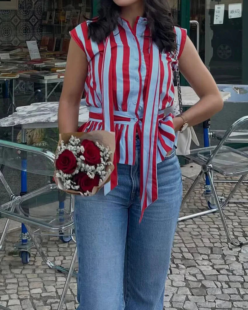Women's Shirt 2026 New Summer Fitted Waist Bowknot Sleeveless Striped Shirt for Women Elegant Chic Personality Ladies Shirt — image 11
