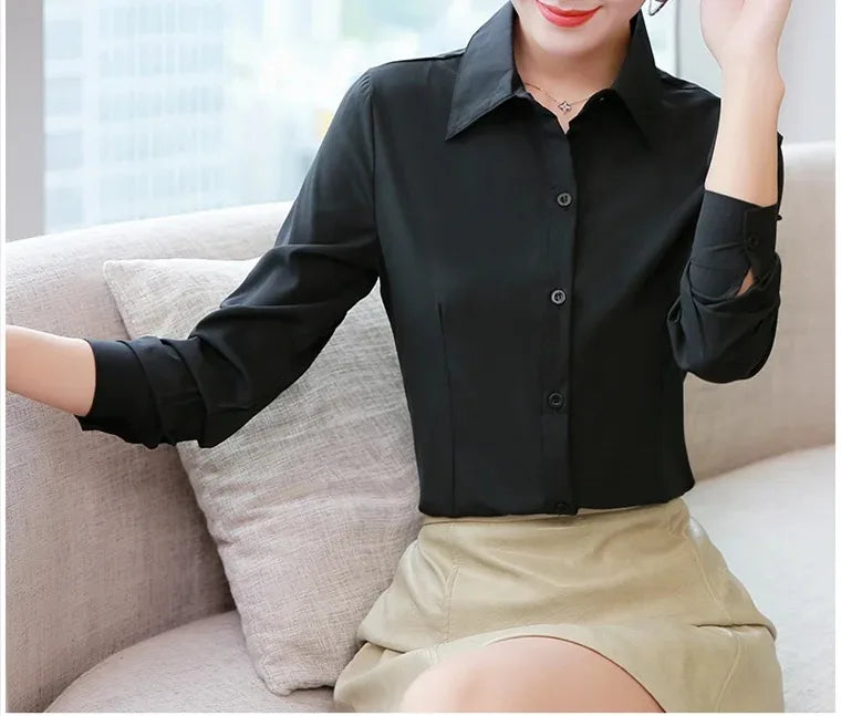 Elegant Women Shirts Woman White Shirt Long Sleeve Blouse Office Lady business Pink Shirts Button Solid Women work Blouses Tops — image 12