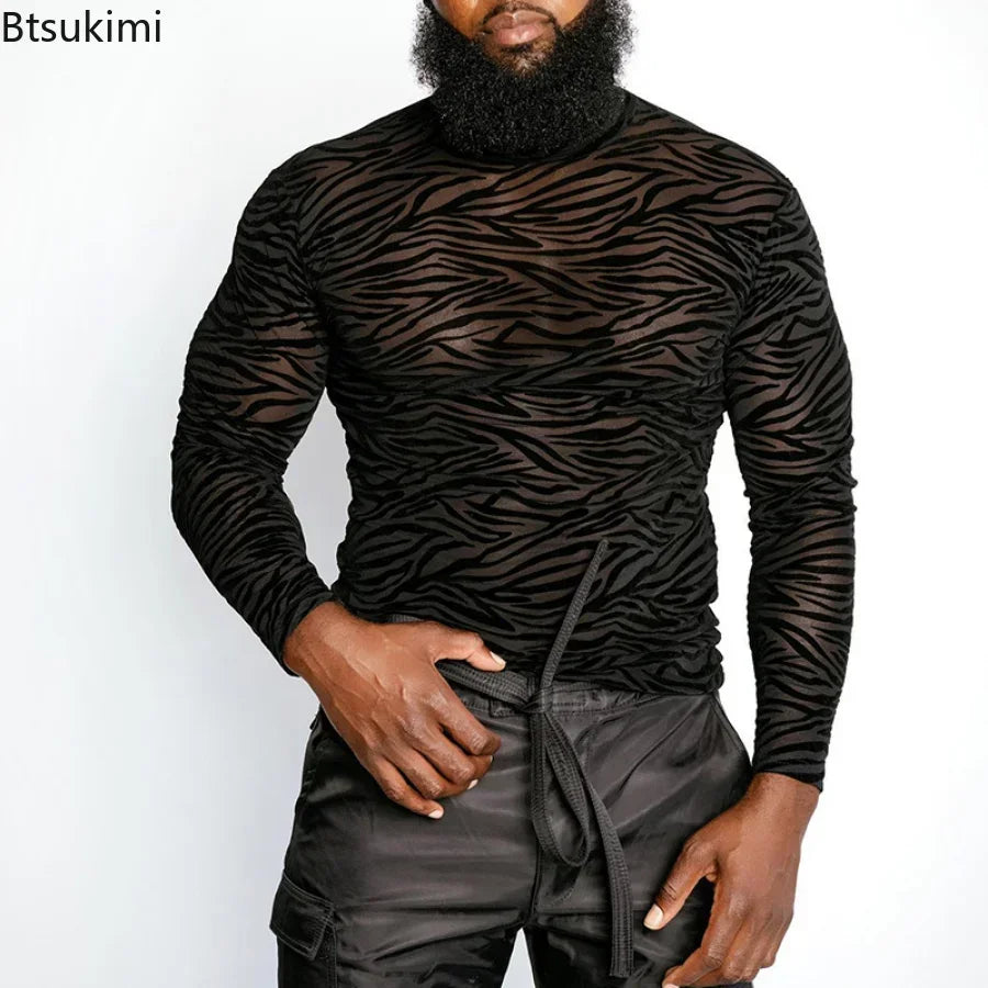Men's T Shirt Perspective Turtleneck Long-sleeved Lace Tight Fitting T-shirt for Men Streetwear Bottoming Shirt Inside Male Tops — image 3