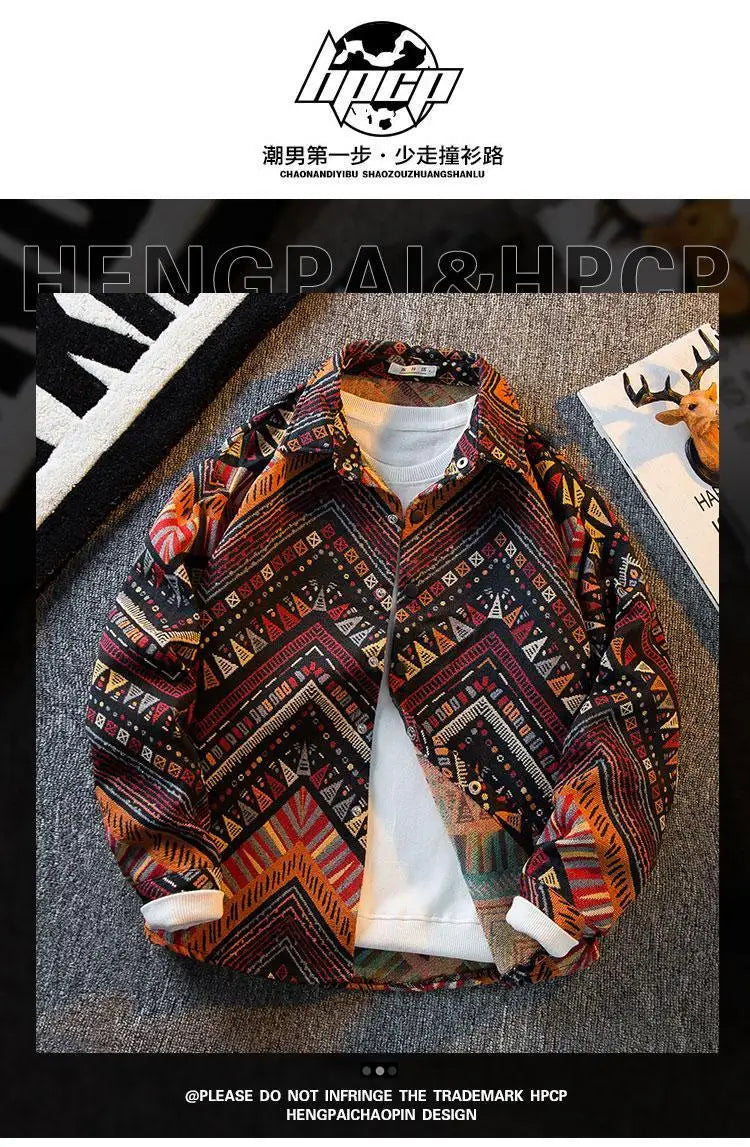 Men's high-density woven shirt men's high-end retro ethnic style long sleeved shirt trendy clothing jacket men clothing shirt — image 8