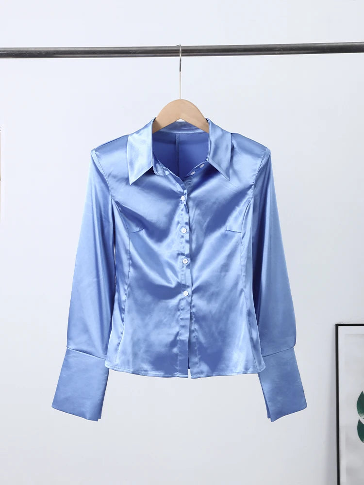 Women's Shirts Lapel Waist Cinching Single Breasted Satin Blouses Spring Female Long Sleeve Slim Tops Chic Ladies Club Partywear — image 10