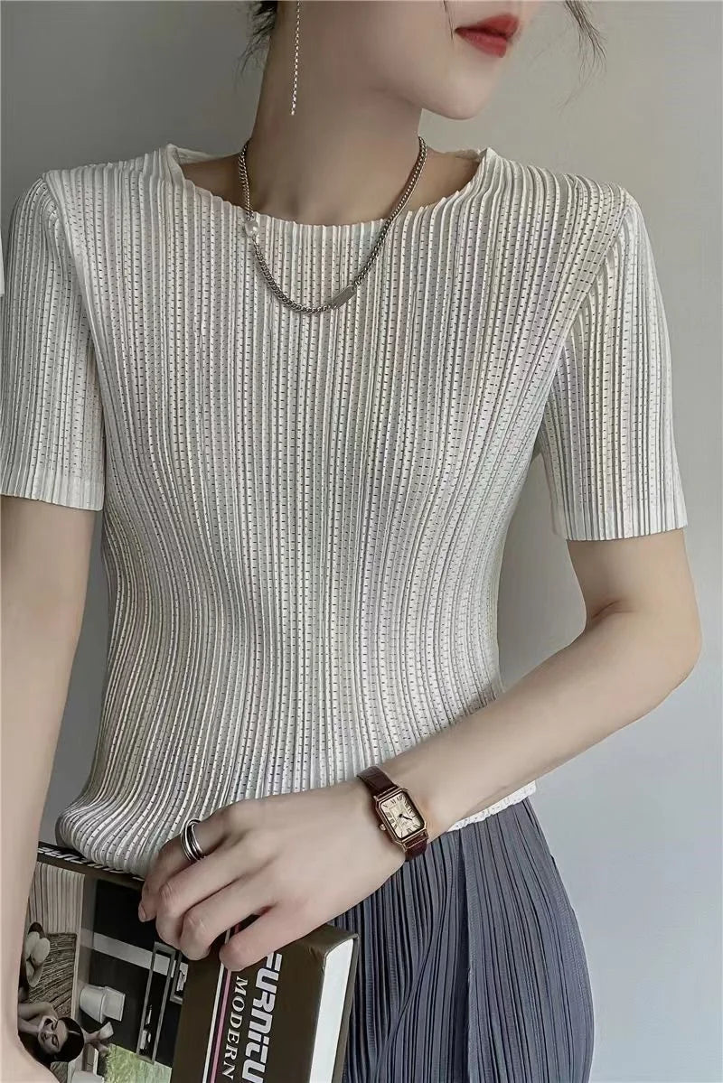 Woman Clothing  Top Women Miyake Pleated Short-sleeved Female Summer Thin Elastic Round Neck Joker Slim Pleated Hollow T-shirt — image 4