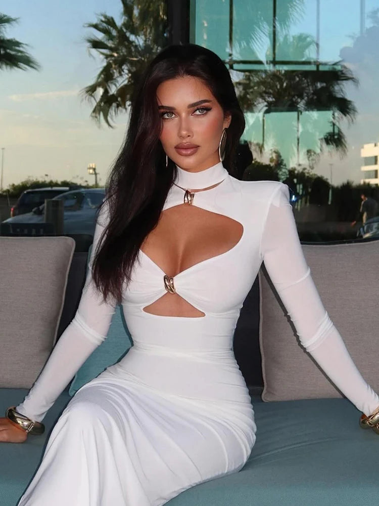 Elegant Party Dresses For Women Fashion Sexy Solid Full Sleeves Hollow Out Turtleneck Sheath Hip Wrap Long Vestidos Robes Female — image 5