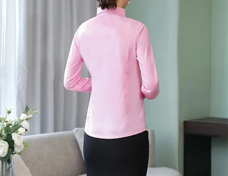Elegant Women Shirts Woman White Shirt Long Sleeve Blouse Office Lady business Pink Shirts Button Solid Women work Blouses Tops — image 15