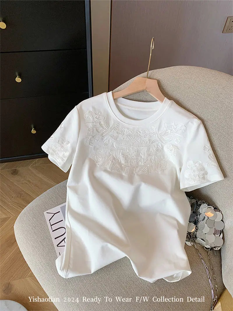 Women Clothing Summer Fashion Vintage Embroidery White Cotton Basic T Shirt Female Simple Casual O Neck Short Sleeve Loose Tops — image 10