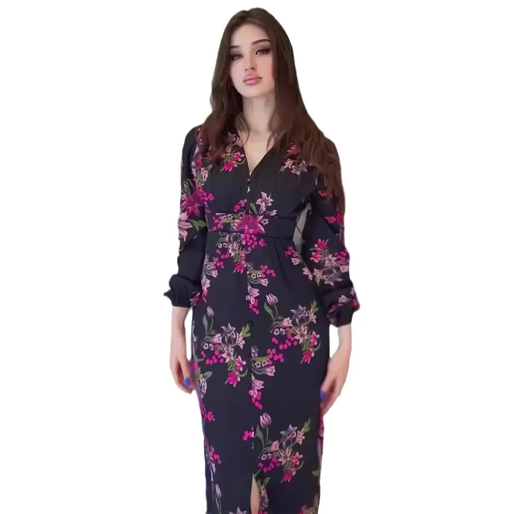 New Women's Clothing. Retro Printed Long Dress with A V-neck. Waist-cinching, Slit Design and Slimming Long Dress for Women. — image 5