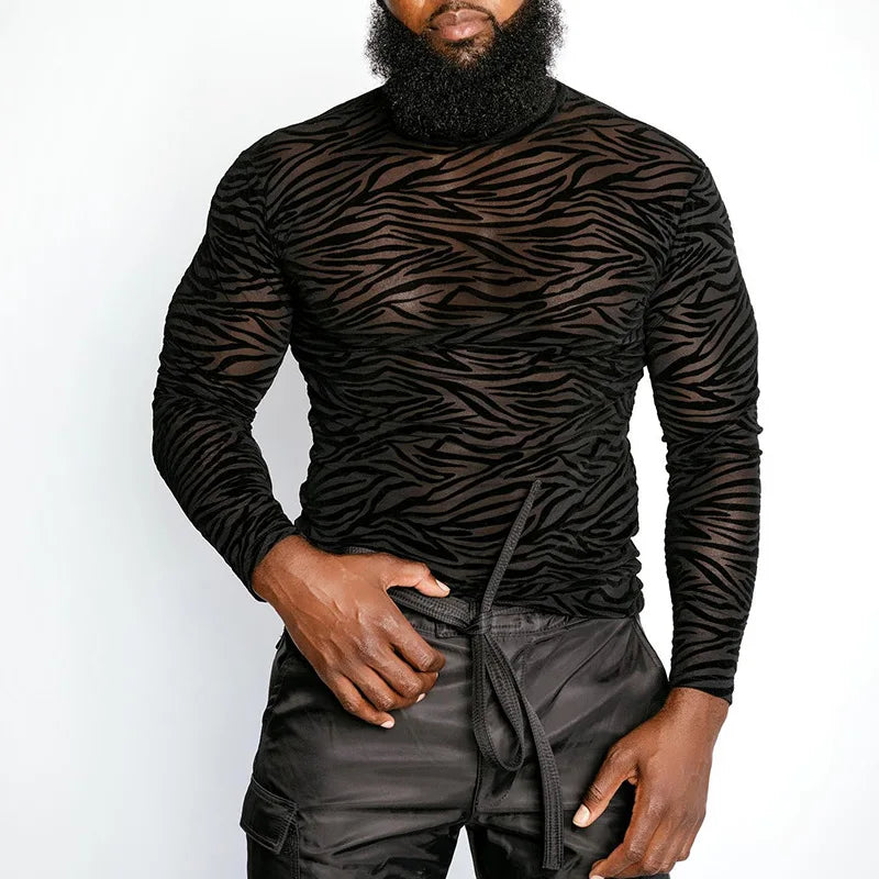 Men's T Shirt Perspective Turtleneck Long-sleeved Lace Tight Fitting T-shirt for Men Streetwear Bottoming Shirt Inside Male Tops — image 11