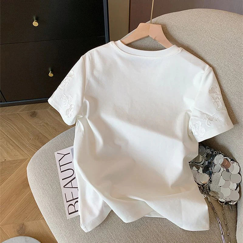 Women Clothing Summer Fashion Vintage Embroidery White Cotton Basic T Shirt Female Simple Casual O Neck Short Sleeve Loose Tops — image 2