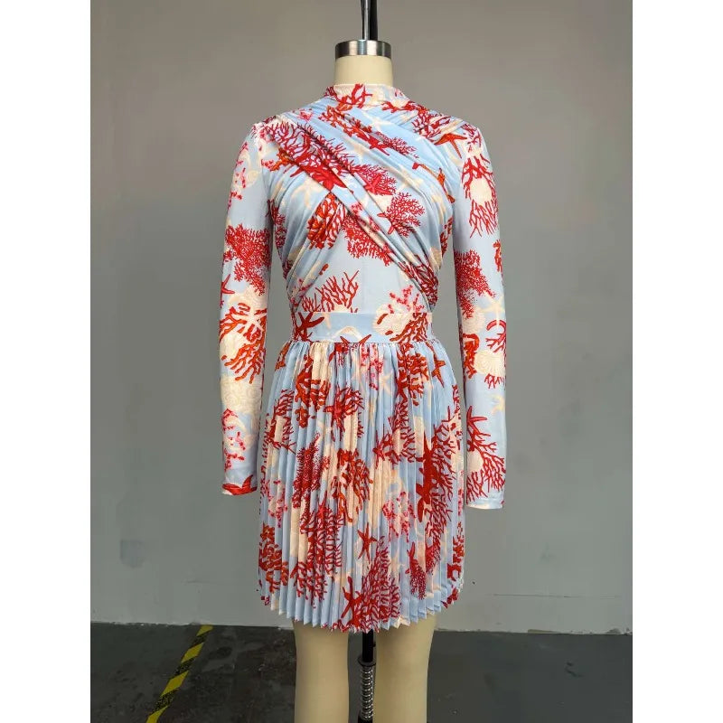 Women Clothing 2 Pieces Print Long Sleeve Shirt Top and Pleated Mini Skirt Luxury Fashion Wear Elegant Party Birthday Dress Set — image 4