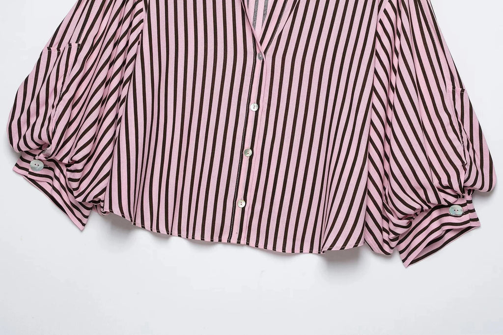 Women Striped Shirts For Women Vintage Elegant Puff Sleeve Summer New High Street Clothes Leisure Single-breasted Lapel Blouse — image 16
