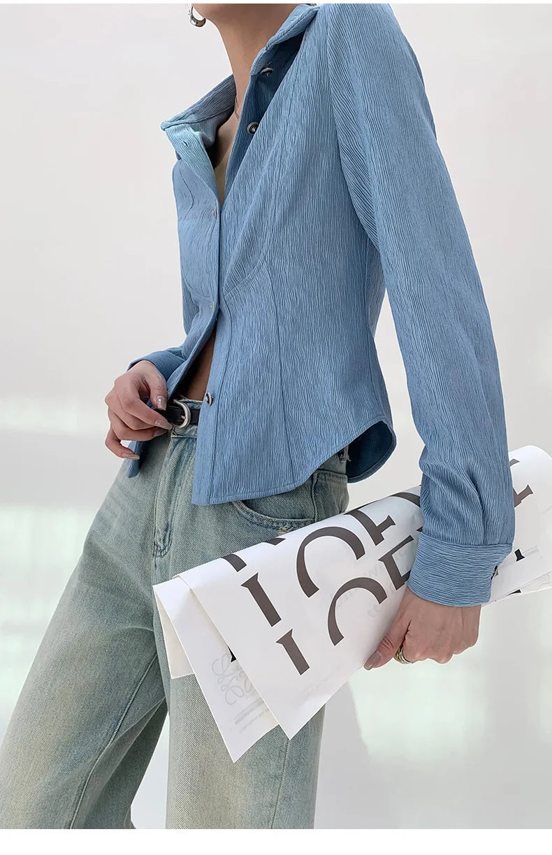 Women's clothing 2025 spring new style temperament lapel slim fit waist cinched long sleeved denim jacket shirt — image 3