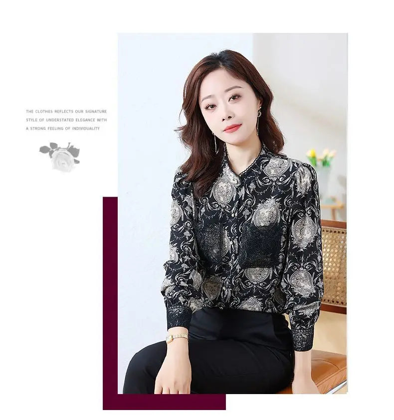 Shirts for Women in Spring Autumn New Style Printed Satin Stylish Slim Fashion Commuting Simple — image 19