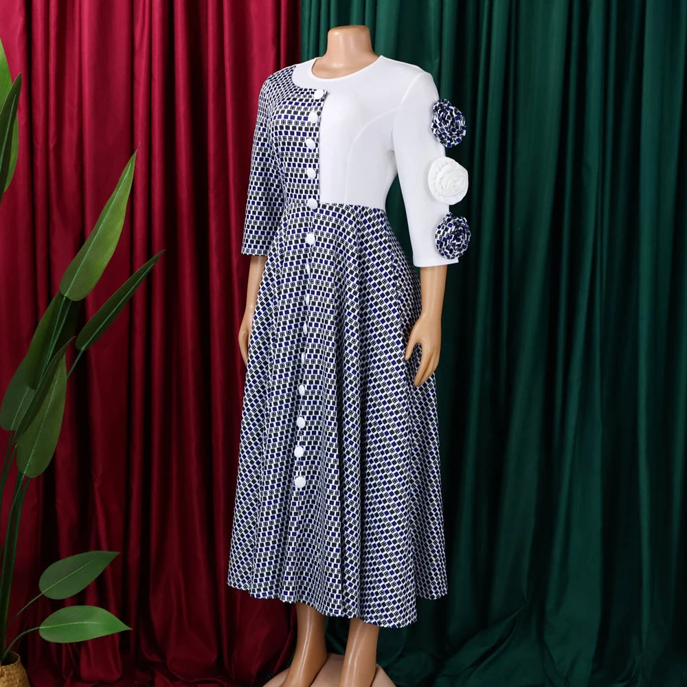 Elegant Dresses for Women 2025 Fall Fashion African 3/4 Sleeve Party Birthday New Robe Chic 3D Flower Plaid Evening A-Line Dress — image 15