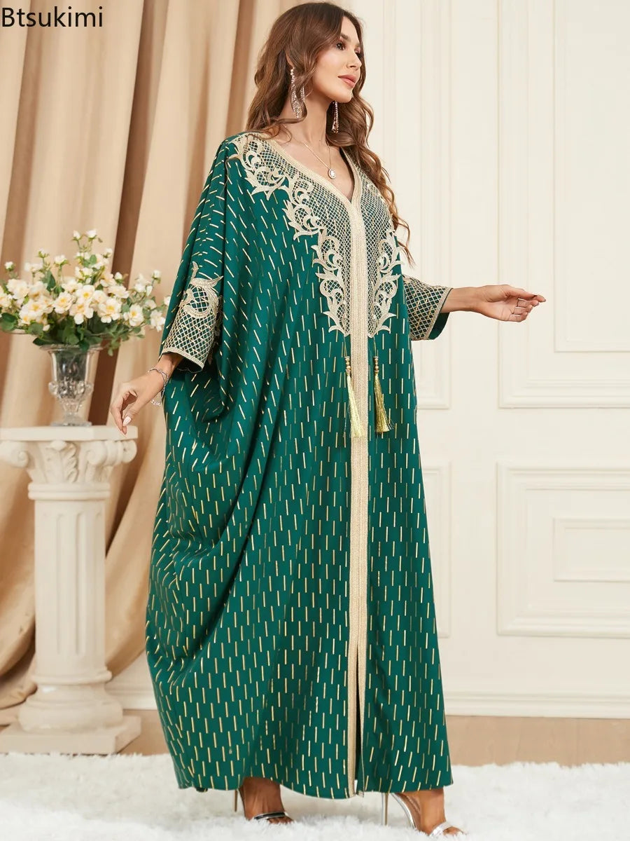 Muslim Dresses Women Elegant Long Robe Middle East Dubai Loose Abaya Bat Sleeve V-neck Tassel Evening Dress Femme Party Vestidos — image 4