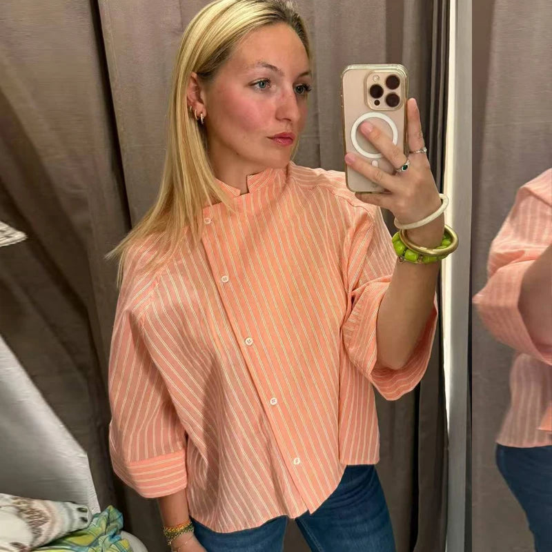 Women's Pink Striped Shirts Summer Asymmetric Button Mid Sleeve Loose Fit Shirts Casual Office Look Vintage Elegant Female Tops — image 5