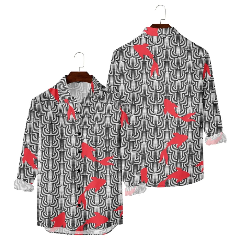 Hawaiian Men Shirts Cultural Crane Clouds Wave Printed Full Sleeve Button Up Casual Vacay Beach Parties Travel Poolside Shirt — image 7
