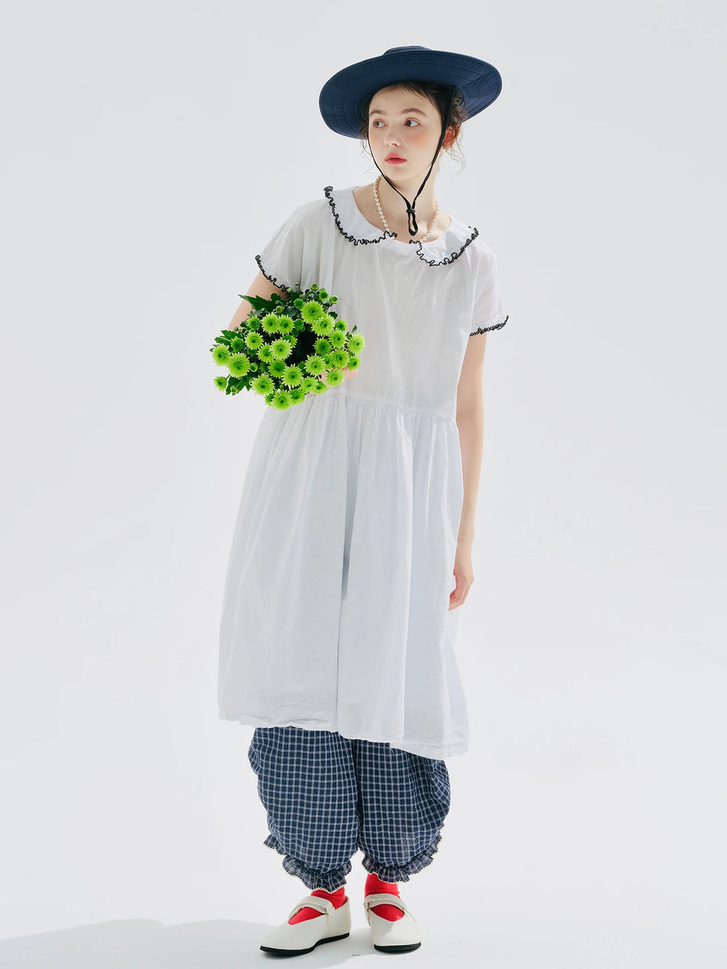 Female clothing women's dresses for woman White Peter‑Pan Collar  Ruffle Trim Loose‑Fit Flowy A‑Line Casual Midi Ladies Dress — image 3