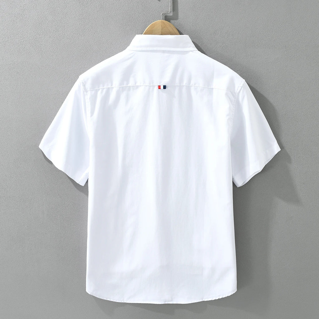 Men's 100% Cotton Short-Sleeve Shirt – Classic Turn-Down Collar, Slim Fit with Chest Pocket & Striped Detail — image 2