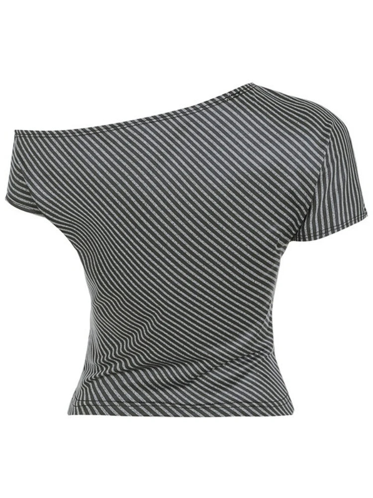 Striped T Shirts For Women Streetwear Inclined Collar Crop Top Y2k Accessories Short Sleeve Grunge Clothes Ropa Mujer Camisetas — image 6