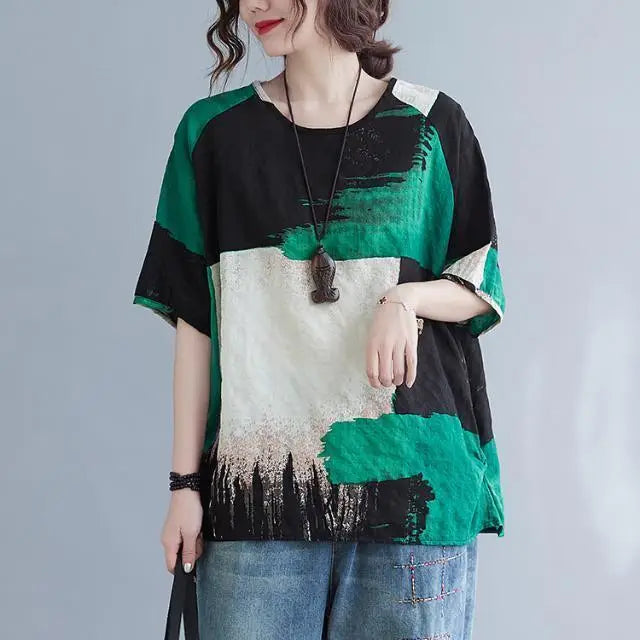 Women Clothing 2025 New Summer Clothing New Style Retro Loose Cotton Linen Short-sleeved T-shirt Top — image 7