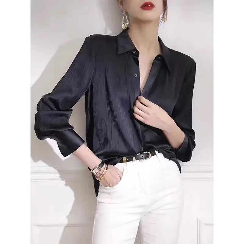 Women's Shirts Spring New Black Satin Texture Loose Long-sleeved Blouse Elegant Office Lady Work Wear Fashion Female Clothing — image 2