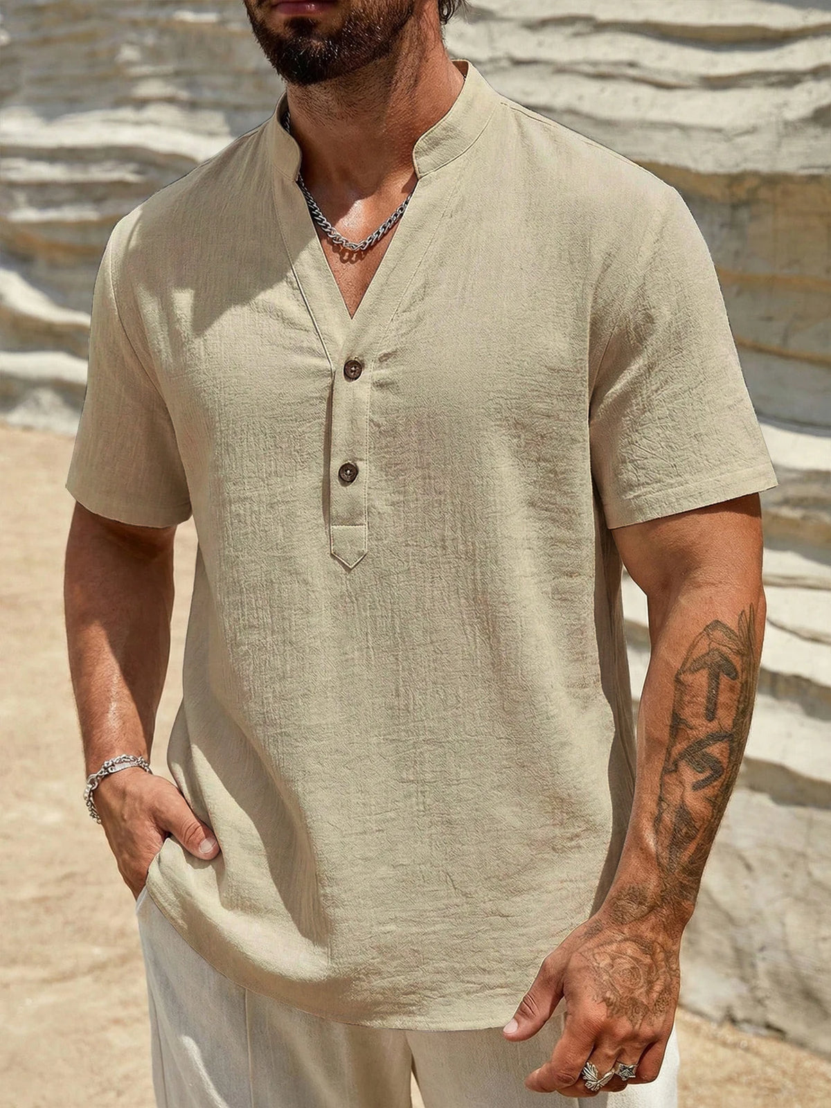 Men's Casual Shirt Linen Woven Elastic Small Collar Short Sleeve Soft and Comfortable Solid Color Simple Suitable for Outdoor SP — image 3