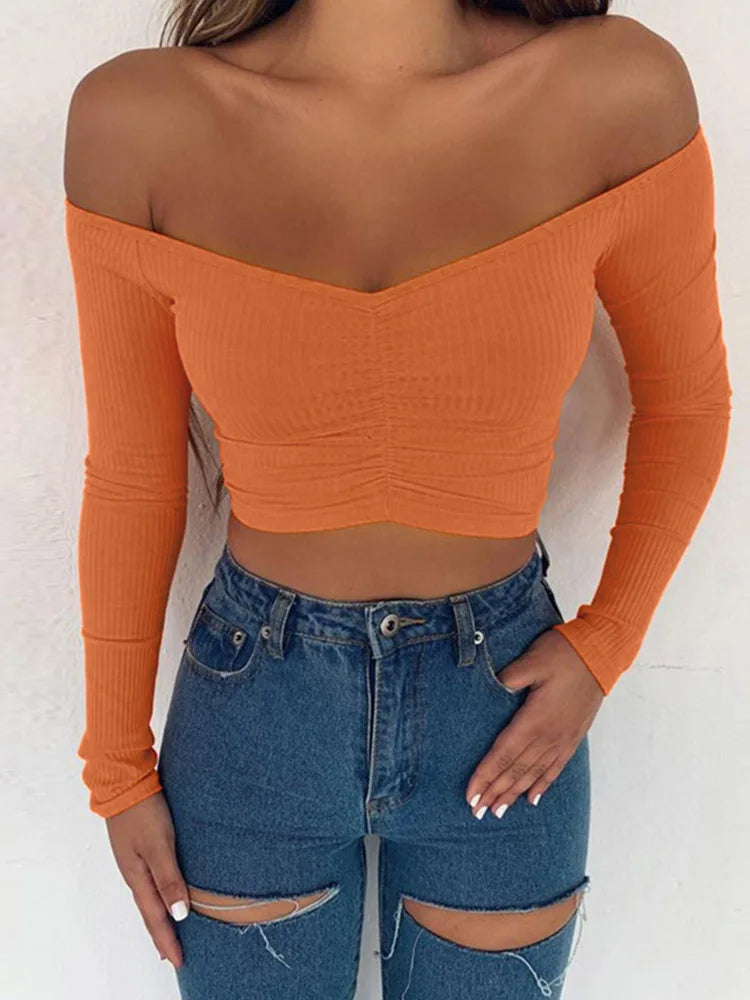 Women T-shirts sexy and club fashion female T-shirt long sleeve off shoulder solid color lady Tshirt autumn basic tees — image 4