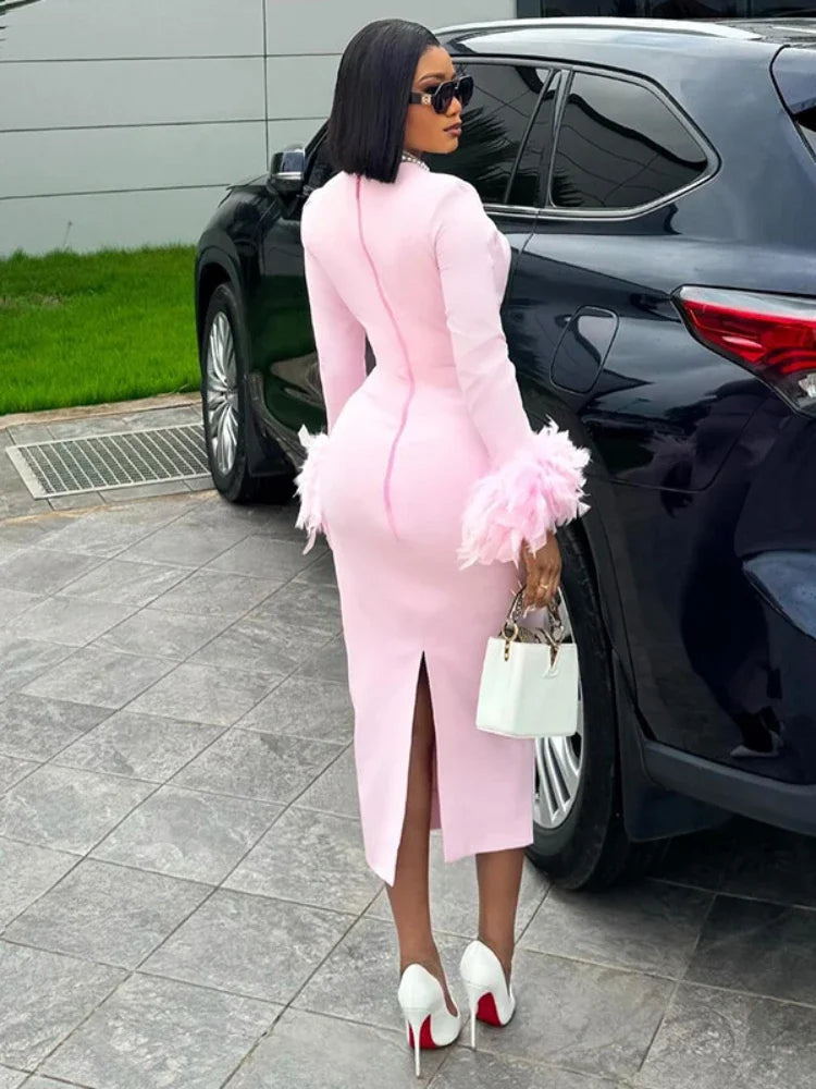 Women's Clothing 2024 Autumn New Item Sweet and Fresh Square Neck Long Sleeved Feather Decoration High Waist Slimming Dress — image 3
