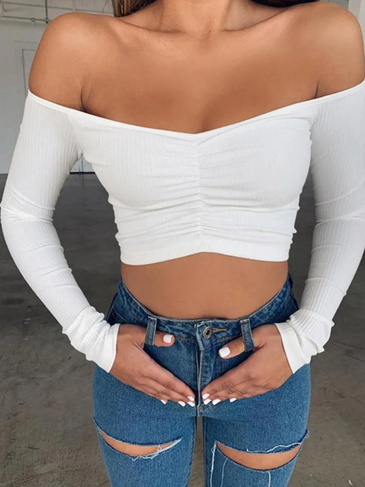 Women T-shirts sexy and club fashion female T-shirt long sleeve off shoulder solid color lady Tshirt autumn basic tees — image 6