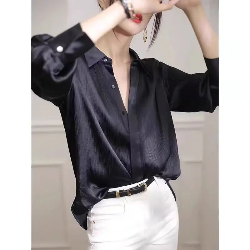 Women's Shirts Spring New Black Satin Texture Loose Long-sleeved Blouse Elegant Office Lady Work Wear Fashion Female Clothing — image 3