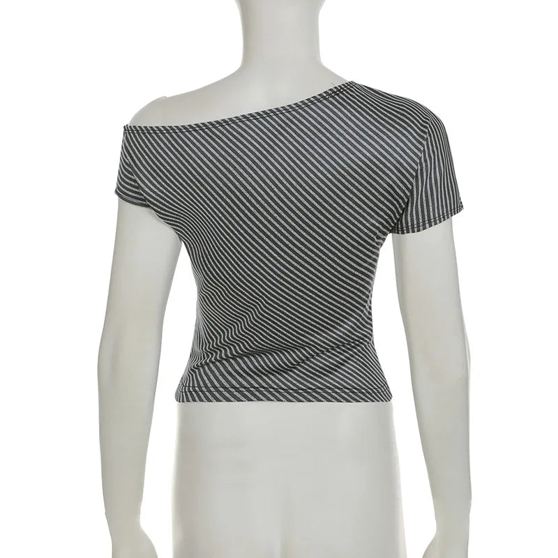 Striped T Shirts For Women Streetwear Inclined Collar Crop Top Y2k Accessories Short Sleeve Grunge Clothes Ropa Mujer Camisetas — image 17