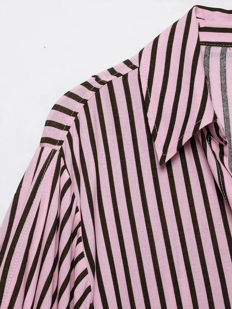 Women Striped Shirts For Women Vintage Elegant Puff Sleeve Summer New High Street Clothes Leisure Single-breasted Lapel Blouse — image 4