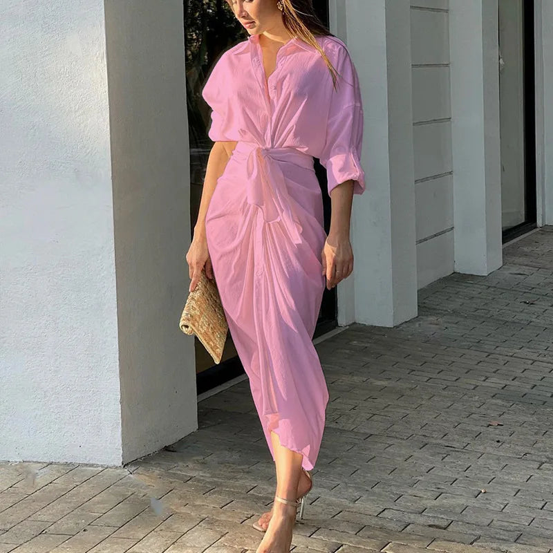 Women's Clothing 2025 Summer New Fashion Solid Color Long-sleeved Medium and Long Shirt Dress — image 9