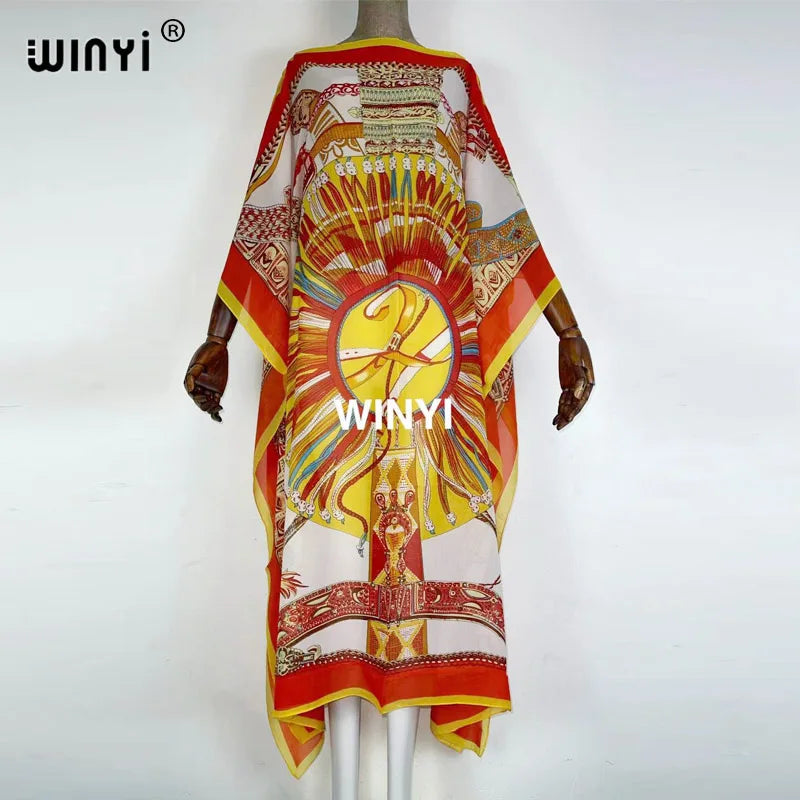 Printed Dresses For Women 2021 Fashion Design Loose Dress Batwing Maxi Long Femme Vestidos Summer Autumn Party Elegant Dress — image 3
