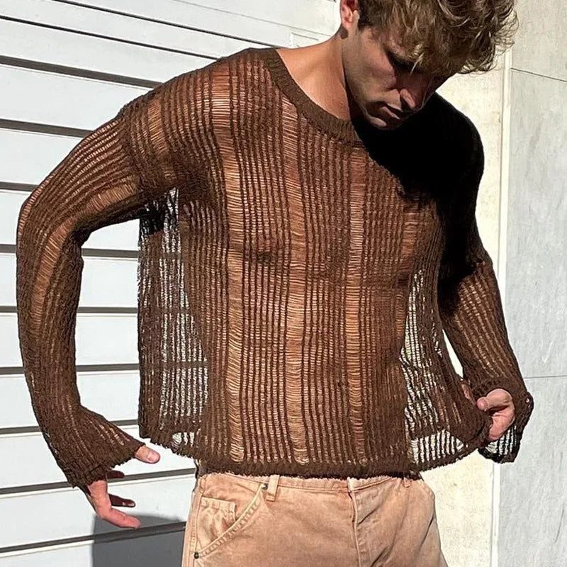 Mens T Shirts New Fashion Woven Solid Color Mesh Top Knit Slim Shirt Long Sleeve Sexy T-shirt Bottoming Streetwera Men — image 11