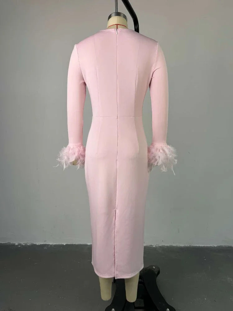 Women's Clothing 2024 Autumn New Item Sweet and Fresh Square Neck Long Sleeved Feather Decoration High Waist Slimming Dress — image 5