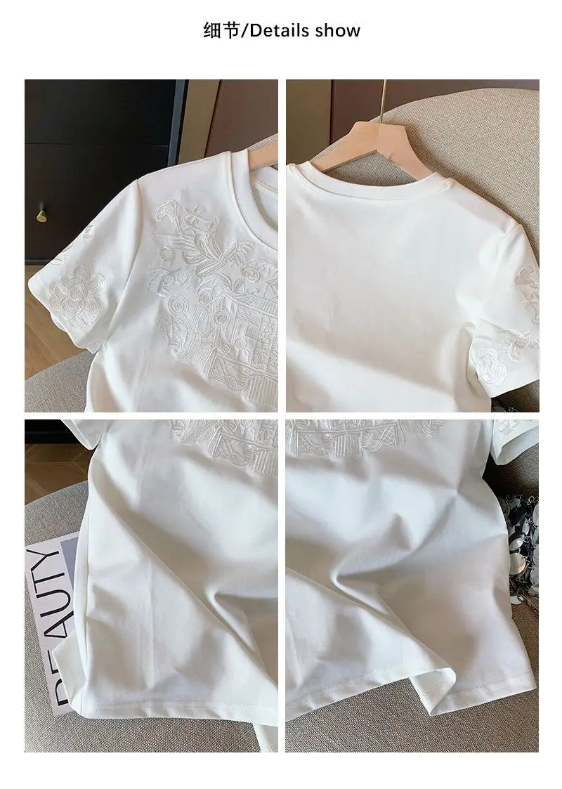 Women Clothing Summer Fashion Vintage Embroidery White Cotton Basic T Shirt Female Simple Casual O Neck Short Sleeve Loose Tops — image 11